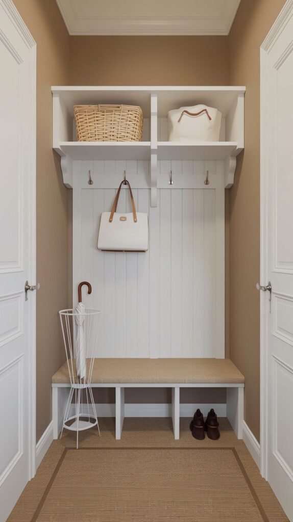 A neat small entryway mudroom with light brown walls and a white built-in unit. It features a bench with a light woven cushion, shoe cubbies, and hooks for hanging a bag and coat. Upper shelves hold two large baskets. A white umbrella stand and a light-colored rug are on the floor.