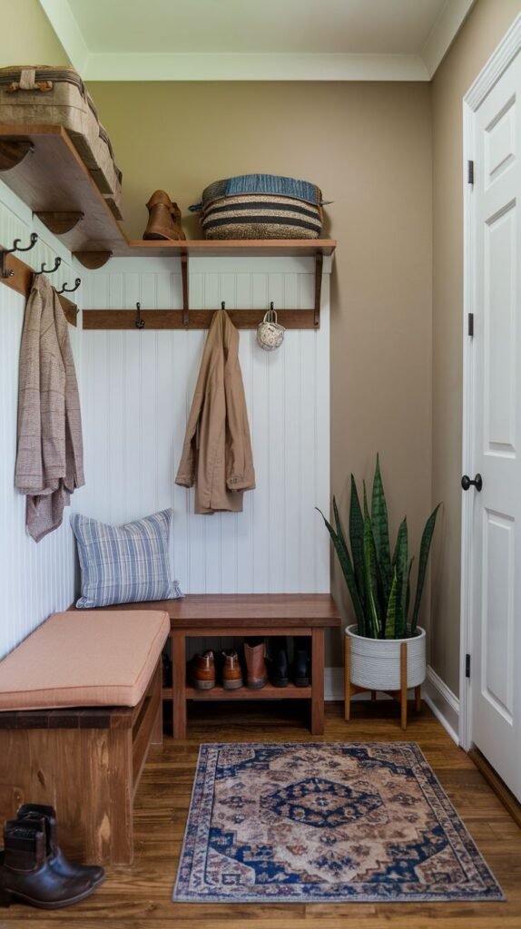 A functional and stylish small entryway mudroom with light brown walls, featuring a wooden bench with a light-colored cushion. Adjacent to it is a separate wooden shoe rack. Wooden shelves with hooks are mounted on a white beadboard wall. A tall snake plant in a white pot adds greenery, and a colorful patterned rug is on the dark wooden floor.