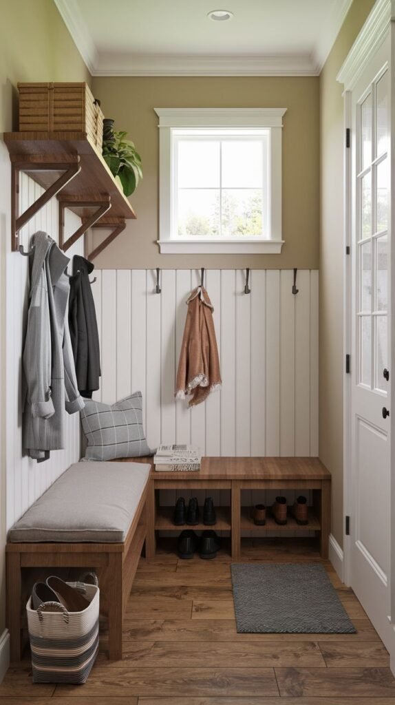A practical small entryway mudroom with light brown walls and white beadboard paneling. It features an L-shaped wooden bench with a light gray cushion and integrated wooden shoe cubbies. A wooden shelf above has hooks for hanging coats. A window provides natural light, and a small gray rug is on the wooden floor.