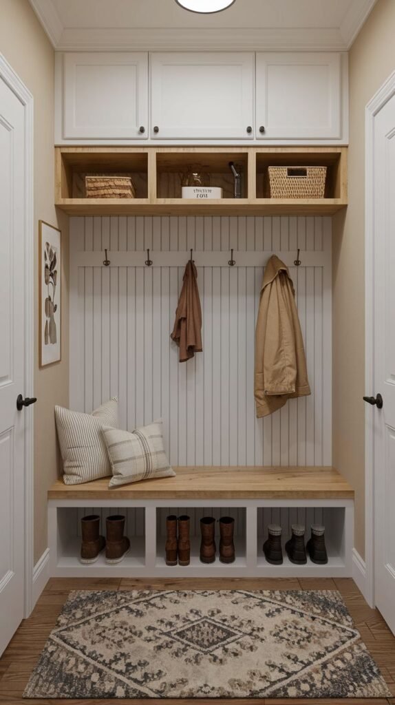 A well-organized small entryway mudroom with light brown walls. It features white upper cabinets, a wooden shelf with open cubbies holding baskets, a white beadboard back, and hooks for coats. A wooden bench has shoe cubbies underneath. Patterned cushions adorn the bench, and a decorative patterned rug is on the light wooden floor.