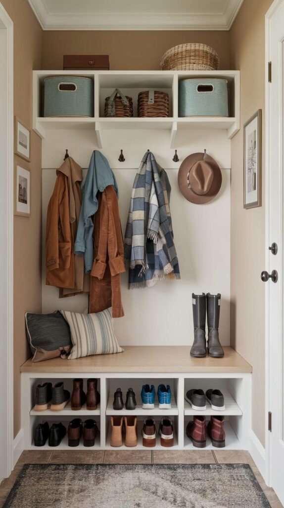 A cheerful small entryway mudroom with light brown walls, centered around a white built-in unit with a wooden bench top and extensive shoe cubbies. White shelves above hold light blue and wicker baskets. The white beadboard back is equipped with hooks for coats, scarves, and a hat. A patterned rug covers the floor.