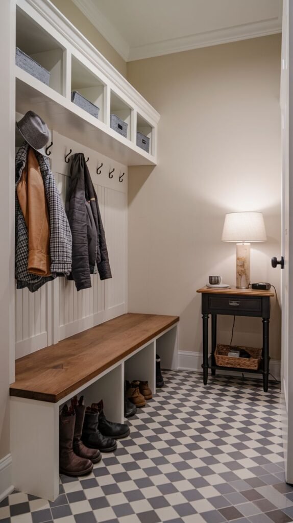 A stylish small entryway mudroom with light beige walls and a distinctive black and white checkered floor. It features a white built-in bench with a wooden top and shoe cubbies. A white beadboard back includes hooks for garments, and upper white shelves hold gray storage bins. A small side table with a lamp is positioned to the right.