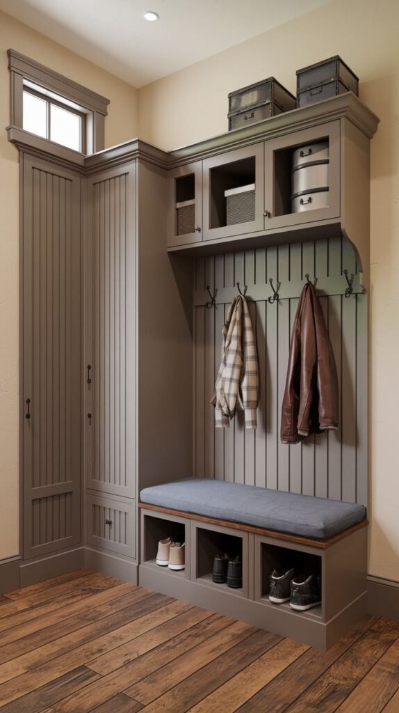 A sophisticated small entryway mudroom featuring a large, L-shaped gray built-in unit. This unit includes a bench with a blue cushion, shoe cubbies, hooks for coats, and a combination of upper cabinets and open shelves for storage. A tall, narrow corner storage unit is also part of the system. The room has light brown walls and a wooden floor.