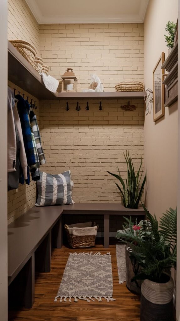 A unique small entryway mudroom featuring a light brick accent wall and light brown painted walls. It is equipped with dark gray L-shaped built-in benches and matching shelves with hooks. Decorative baskets, lanterns, and plants enhance the space. Small rugs are placed on the wooden floor.