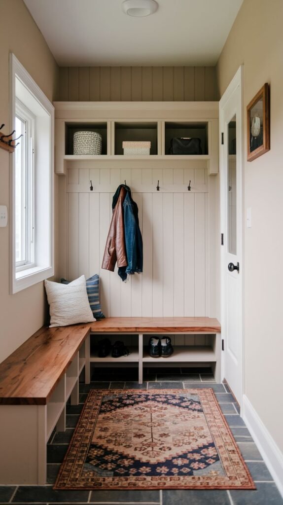 A well-appointed small entryway mudroom featuring an L-shaped bench with a wooden top and white base with shoe cubbies. The white beadboard back has hooks for coats, and upper white shelves with cubbies offer additional storage. A window provides natural light, and a decorative patterned rug covers the dark tiled floor.
