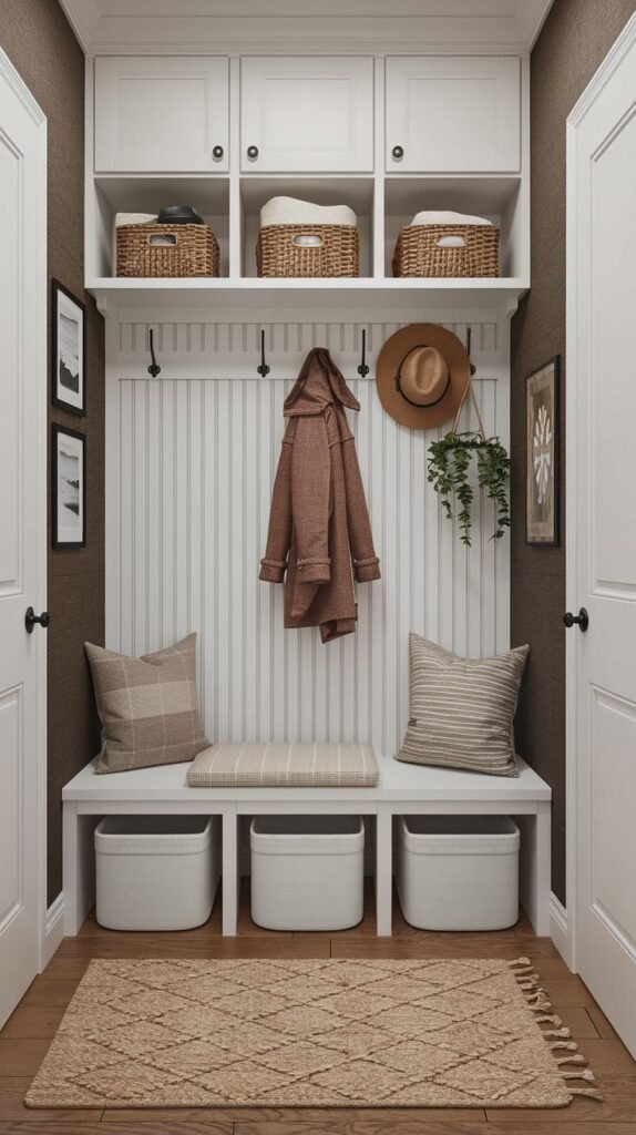 A small entryway mudroom with a comprehensive white built-in unit featuring upper cabinets, open shelves with wicker baskets, a white beadboard back, and a bench with striped cushions. Three white storage bins are neatly tucked under the bench. Coats and a hat hang from hooks, and framed artwork adorns the light brown textured walls.