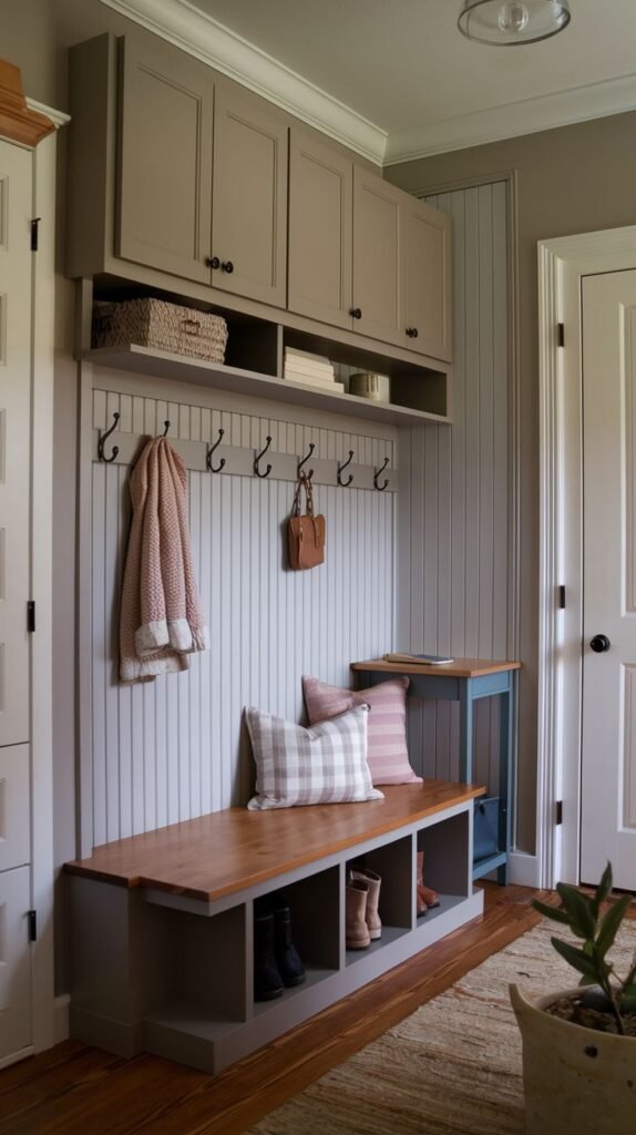 A functional small entryway mudroom featuring gray upper cabinets and a wooden shelf with hooks. The back wall is white beadboard. A wooden bench top sits on a gray base with shoe cubbies. Patterned cushions add comfort, and a small blue-topped side table provides an extra surface.