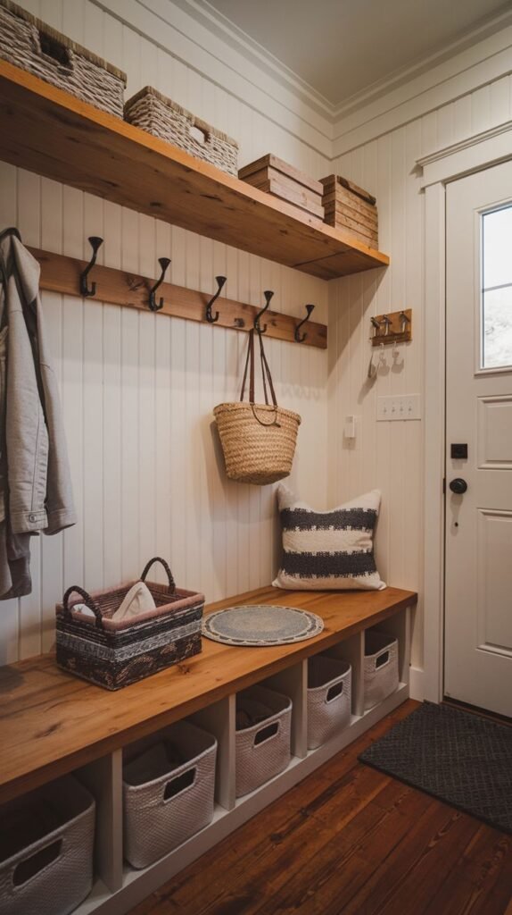 A charming small entryway mudroom with white beadboard walls and a warm wooden floor. It features a long natural wooden bench with several white storage bins underneath. A long wooden shelf above has hooks for coats and bags, and holds various wicker baskets and boxes. A striped cushion is on the bench, and a small rug is near the door.
