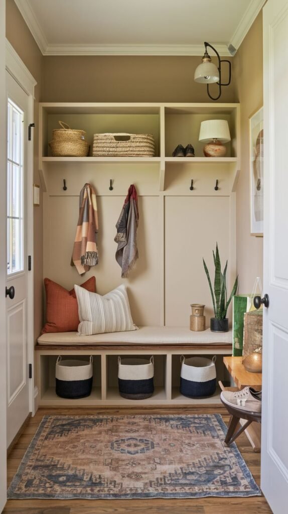 A cozy small entryway mudroom with light brown walls, featuring a white built-in unit with a wooden bench top. Shoe cubbies underneath hold dark blue and white baskets. Hooks on the beadboard back support scarves, and upper shelves display baskets, a lamp, and decorative items. A tall plant and a colorful patterned rug add warmth and color.