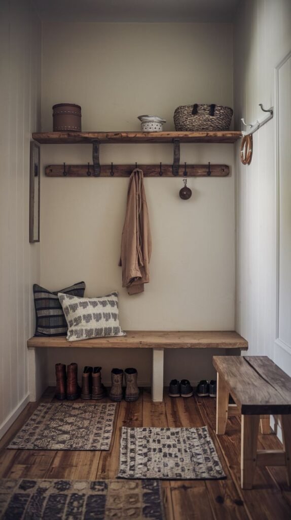 A rustic small entryway mudroom with light beige walls and a wooden floor. It features a simple wooden bench, a separate smaller wooden bench/stool, and a long wooden shelf with multiple hooks for coats. Decorative items like a basket and a colander are on the shelf. Two small patterned rugs are placed on the floor.