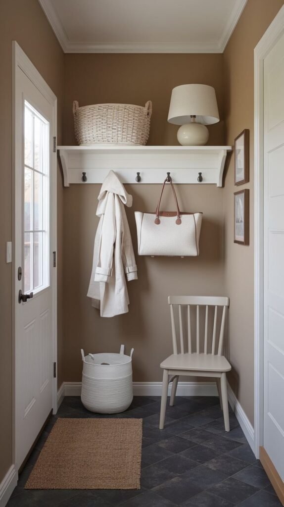 A bright small entryway mudroom with light brown walls and a white door with a window pane. It features a white wall-mounted shelf with hooks for a coat and a bag, a white bench, and a large white storage basket on the floor. A white wooden chair and a lamp on the shelf complete the functional space, with a light-colored rug on the dark tiled floor.