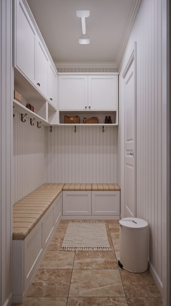 A small, narrow entryway mudroom primarily in white, featuring a long built-in bench with striped cushions along one wall. Upper white cabinets and hooks provide storage, and the walls are paneled with white beadboard. The floor is light brown tiled, and a white trash can is visible near the door.