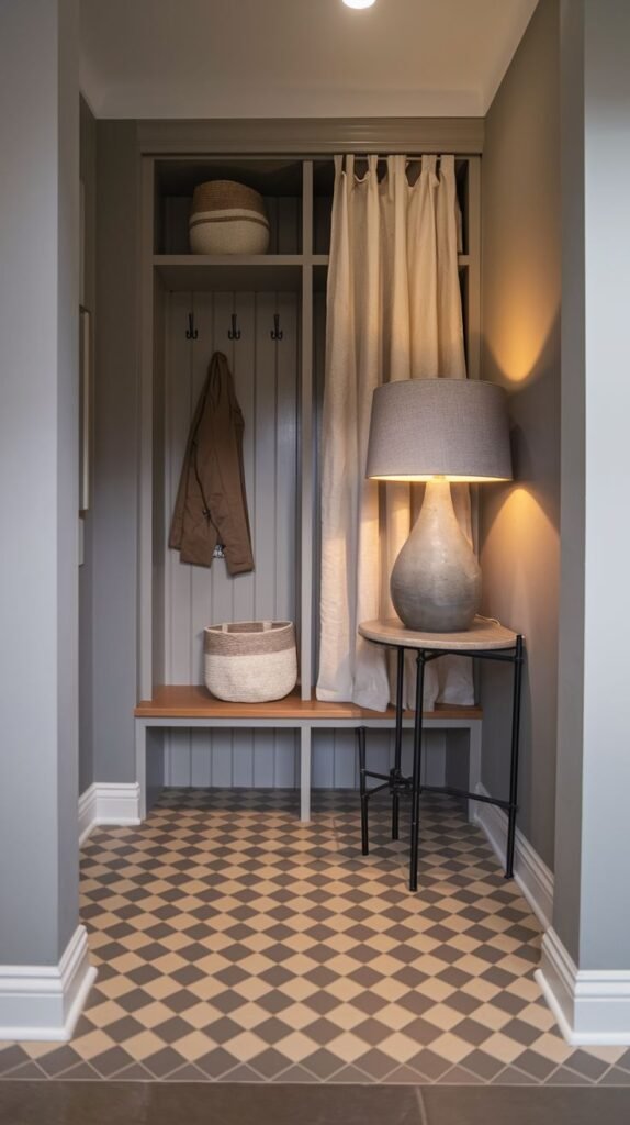 A cozy, small entryway mudroom with light gray walls, featuring a built-in bench and cubbies for storage, partially concealed by a light-colored curtain. Hooks for a coat are visible, along with two woven baskets. A large table lamp rests on a small round black table, illuminating the patterned gray and white tiled floor.