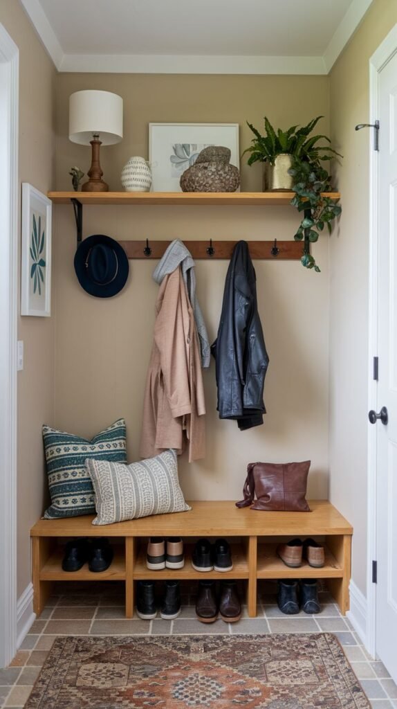 A welcoming small entryway mudroom with light brown walls and a natural wood theme. It includes a wooden bench with shoe storage cubbies and a matching wooden shelf above with black hooks for coats and bags. Decorative items like a lamp, plant, and woven baskets adorn the shelf. Patterned cushions are on the bench, and a vibrant patterned rug covers the tiled floor.