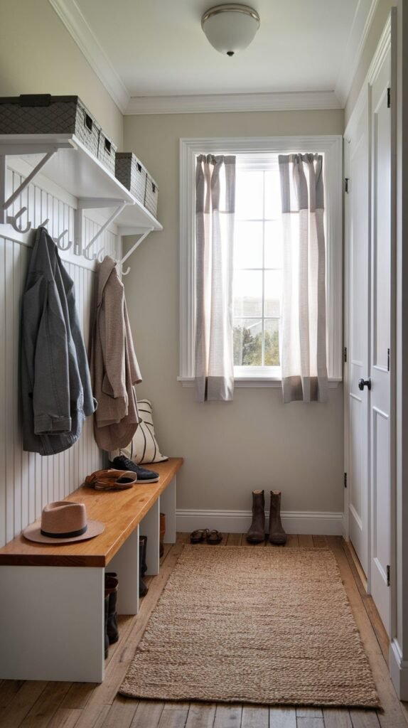 A bright small entryway mudroom with white beadboard wall paneling and light brown walls. It features a light wooden bench, hooks for hanging items, and an upper white shelf with gray storage bins. A window with light curtains allows natural light. A light-colored rug is on the wooden floor.