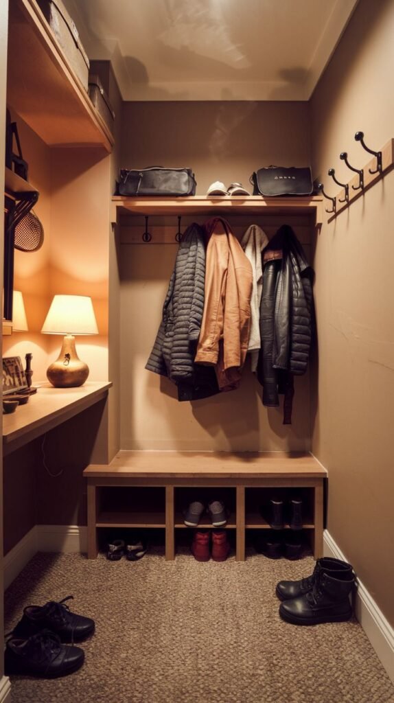 A small entryway mudroom with warm light brown walls, featuring a wooden bench with shoe storage cubbies and an integrated wooden shelf with hooks for coats and bags. An additional shelving unit to the left holds a lamp and decorative items. The floor is carpeted, and extra shoes are placed on the floor.