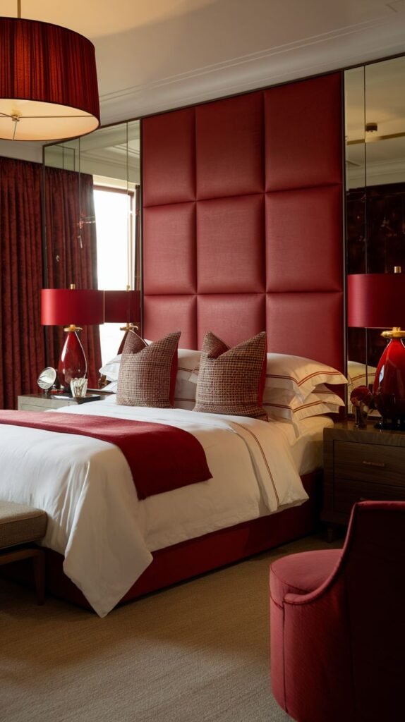 Sophisticated bedroom interior, ideal for redecorating inspiration, featuring a large, plush red padded headboard, matching red lamps, red curtains, and a red throw blanket over a white duvet, creating a bold and luxurious atmosphere.