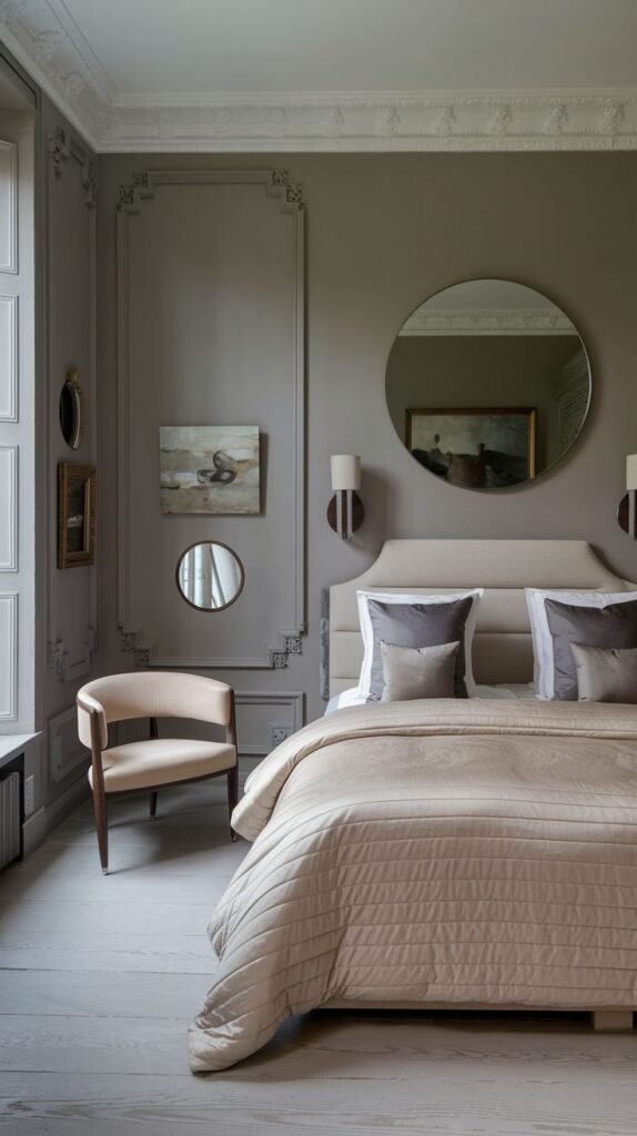 A sophisticated and serene bedroom, offering redecorating ideas, with detailed gray wall moldings, a beige upholstered bed, and multiple circular mirrors as decorative elements.