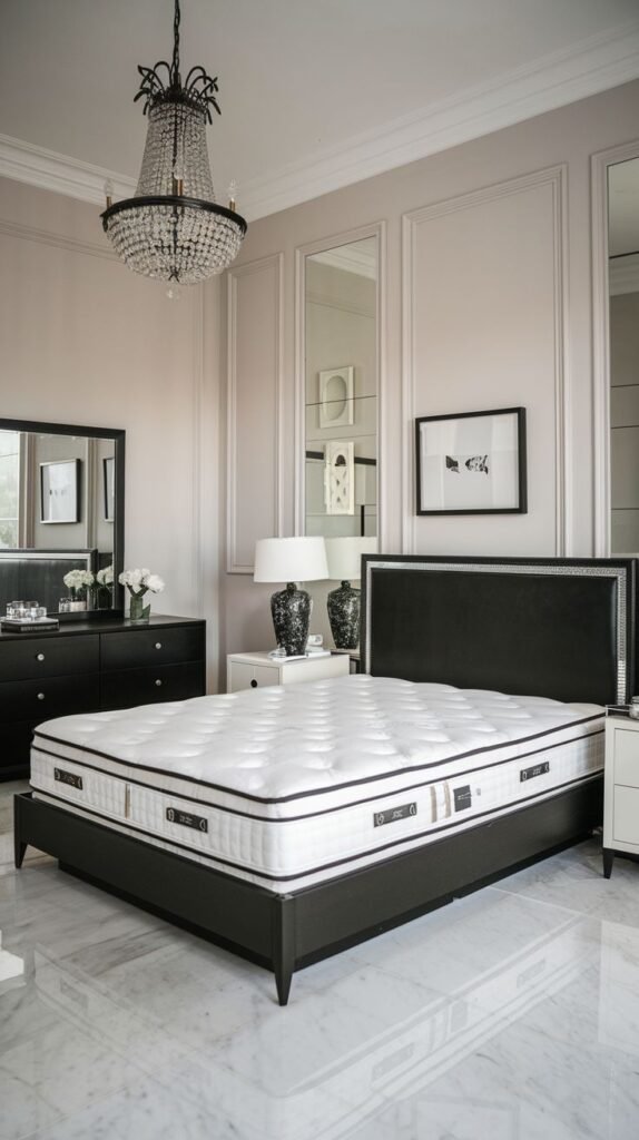 A sophisticated and luxurious bedroom, inspiring redecorating with a sleek black bed frame, a premium patterned mattress, and an elegant crystal chandelier hanging from the ceiling.