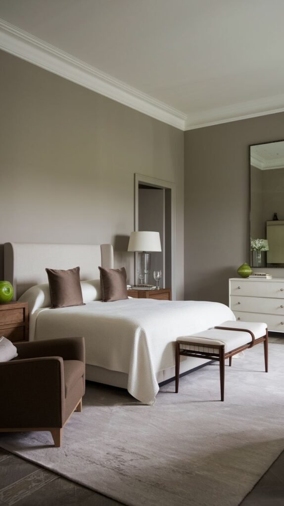 A sophisticated and inviting bedroom, ideal for redecorating, designed in warm neutral tones with a white upholstered bed, a long bench, and a comfortable brown armchair.