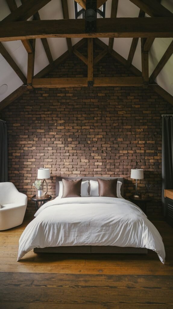 A sophisticated bedroom with a strong architectural presence, excellent for redecorating, featuring exposed brick walls, a vaulted wooden beam ceiling, and a simple, comfortable white bed.