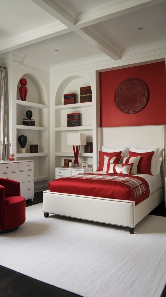 A sophisticated and vibrant bedroom, perfect for redecorating, with a striking red accent wall, white built-in shelving, and festive red and white plaid bedding.