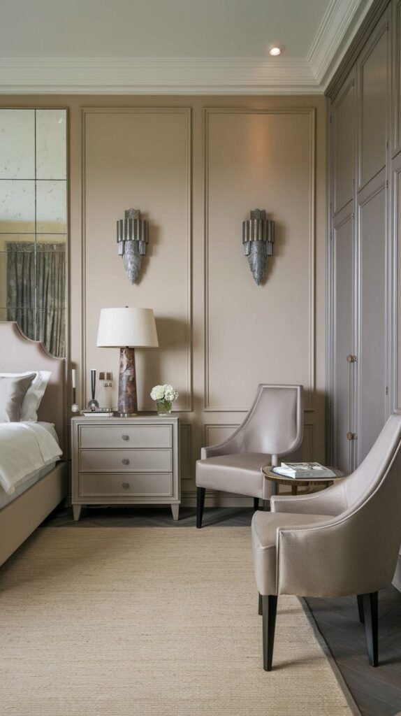 A sophisticated and serene bedroom, inspiring redecorating with soft beige paneled walls, elegant wall sconces, and two comfortable upholstered chairs beside a side table.