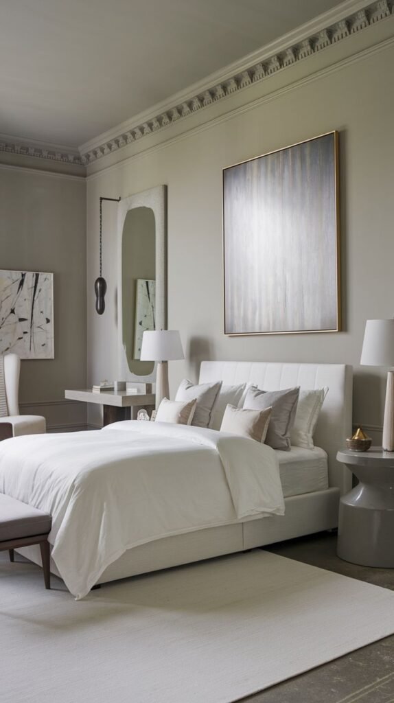 A sophisticated and minimalist bedroom, perfect for redecorating ideas, showcasing a white upholstered bed, light grey walls, and subtle artwork, creating a serene and modern ambiance.