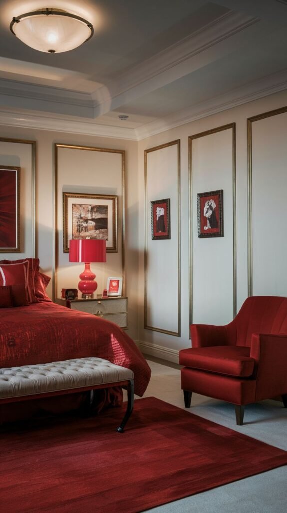 A sophisticated and luxurious red and beige bedroom, offering redecorating ideas with its intricate wall paneling, deep red bedding, and a matching red armchair.