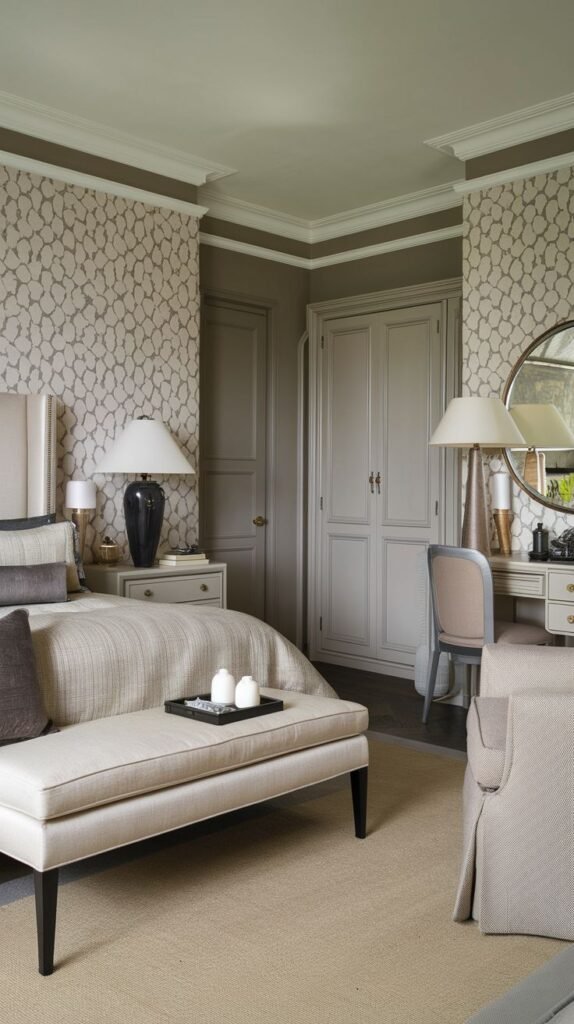 A sophisticated and well-appointed bedroom, ideal for redecorating, featuring subtle patterned wallpaper, elegant built-in wardrobes, and a functional dressing table with a mirror.