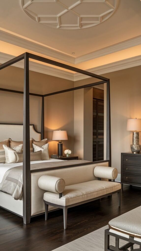 A sophisticated and grand bedroom, perfect for redecorating, showcasing a tall four-poster bed, a distinctive geometric ceiling design, and a long, upholstered bench at the foot of the bed.