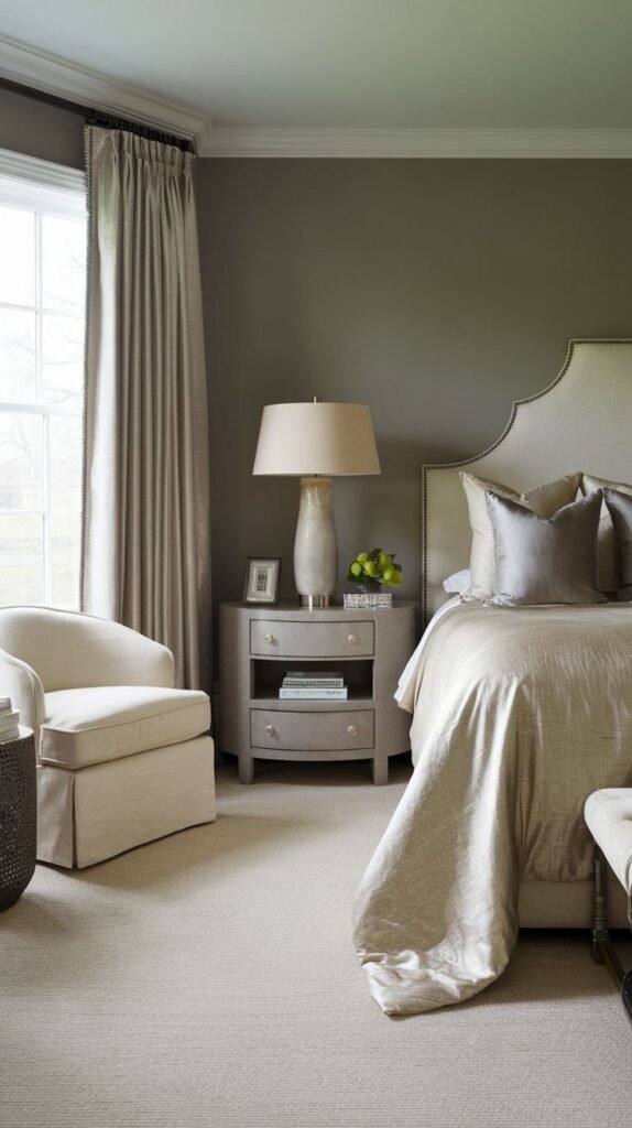 A sophisticated and tranquil bedroom, offering redecorating inspiration with its soft gray-green walls, a large upholstered headboard, and a cozy armchair near the window.
