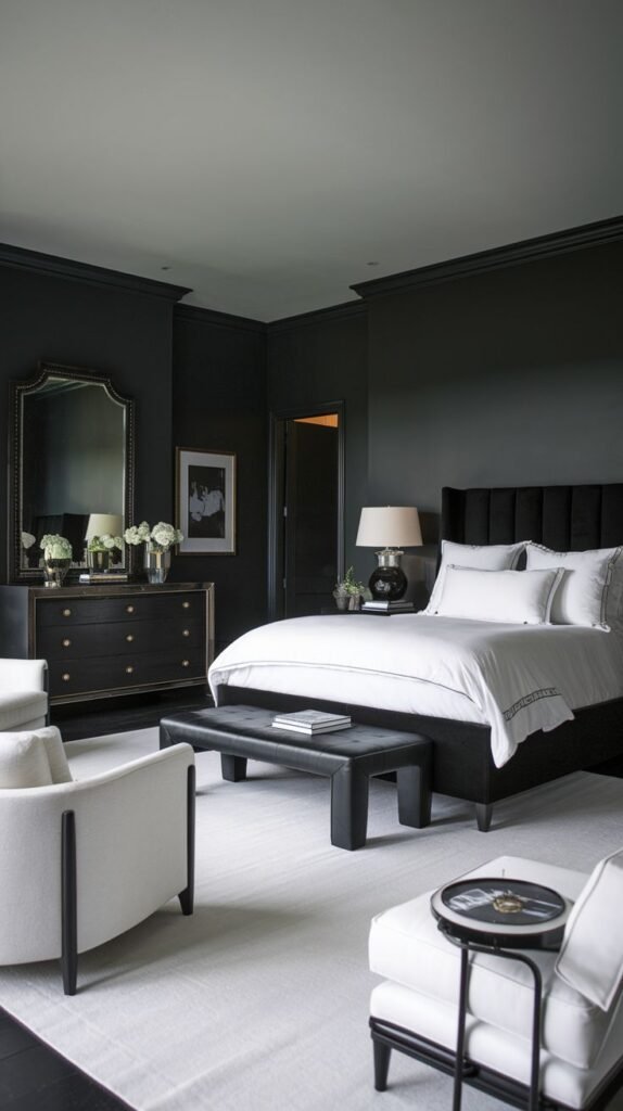 A sophisticated and dramatic bedroom, ideal for redecorating, featuring deep black walls, a black upholstered bed with crisp white bedding, and contrasting white armchairs.