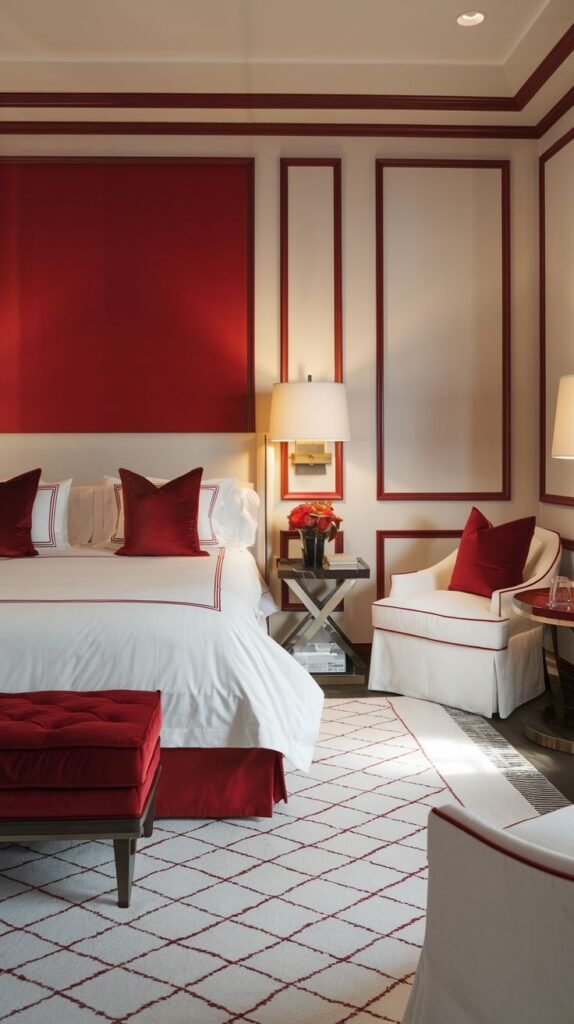 A sophisticated and striking red and white bedroom, perfect for redecorating, with bold red wall panels, a matching red upholstered bench, and a white rug with a red geometric pattern.