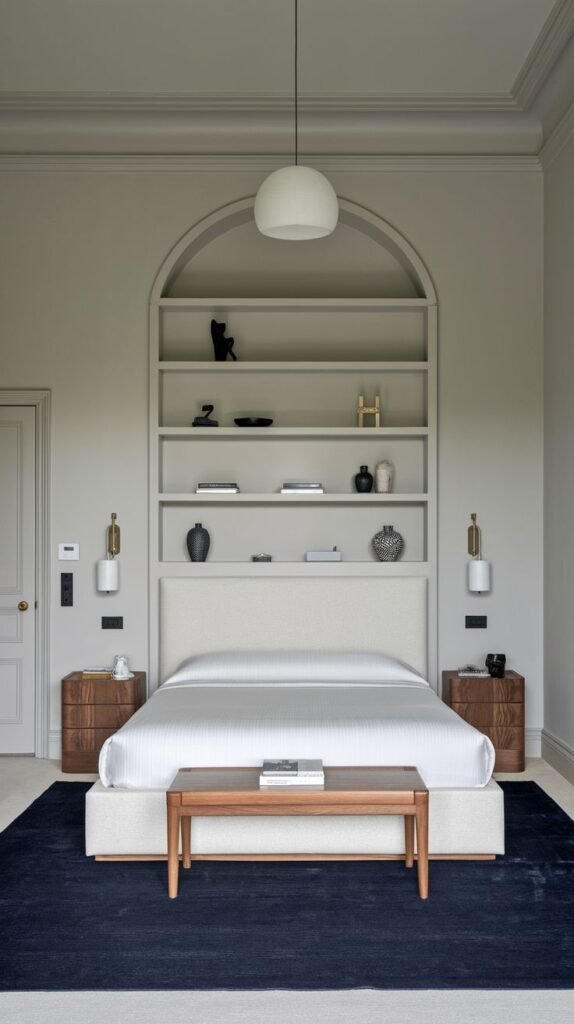 A sophisticated and modern bedroom, inspiring redecorating with a unique built-in arched shelving unit above the bed, minimalist nightstands, and a dark blue rug.
