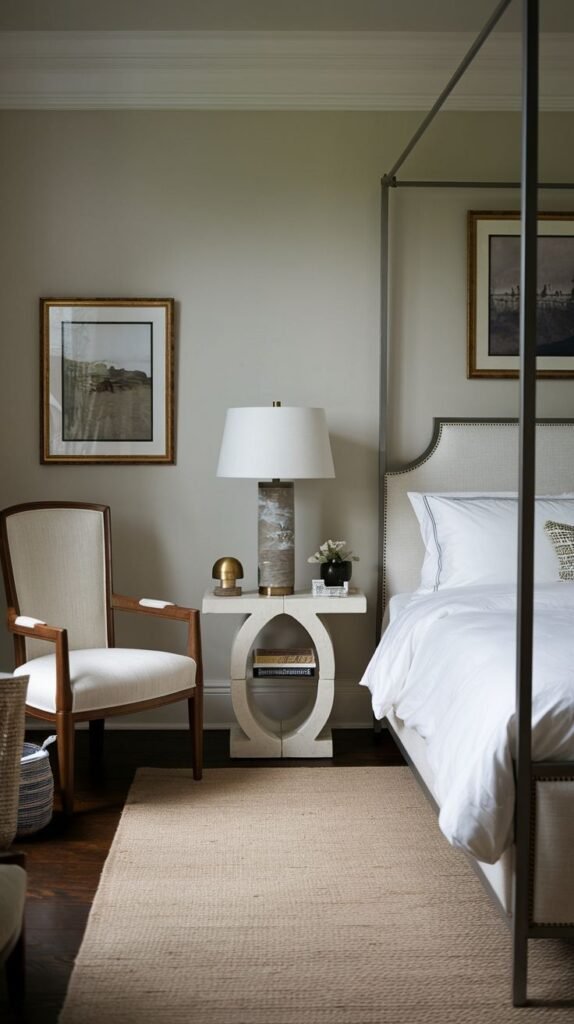 A sophisticated and inviting bedroom, perfect for redecorating, featuring a light four-poster bed, a distinctive sculptural bedside table, and a natural fiber rug.
