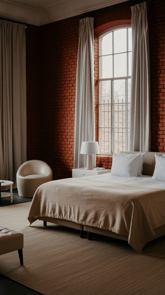 Sophisticated bedroom featuring exposed red brick walls, a large arched window with light curtains, and a bed draped with a light brown throw, offering unique redecorating possibilities.