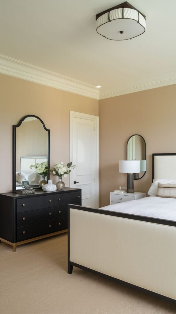 A sophisticated and warm bedroom, ideal for redecorating, featuring a cream and black upholstered bed, a dark wood dresser with a large mirror, and a calming neutral color palette.
