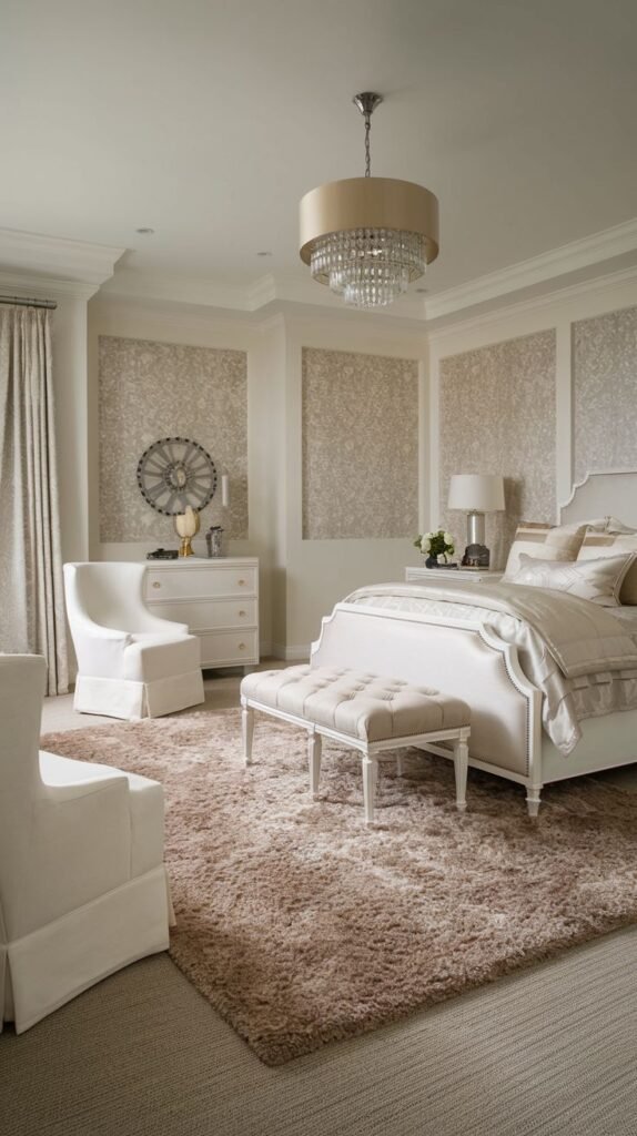 A sophisticated and elegant bedroom, perfect for redecorating, showcasing subtle patterned wallpaper, a pristine white upholstered bed, and a glamorous crystal chandelier.