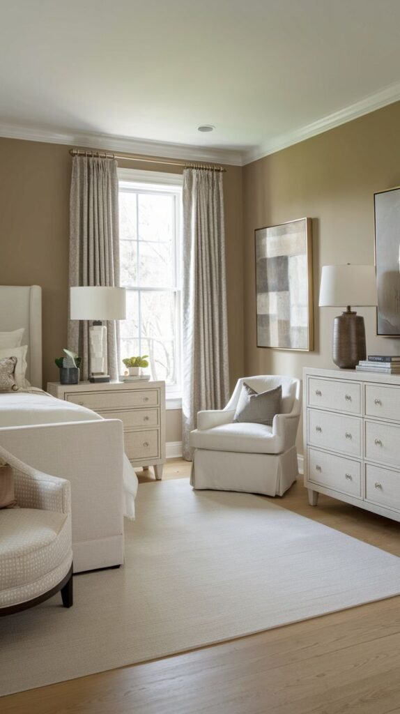 A sophisticated and comfortable bedroom, inspiring redecorating with warm neutral walls, a white upholstered bed, and a cozy sitting area with two armchairs near a large window.