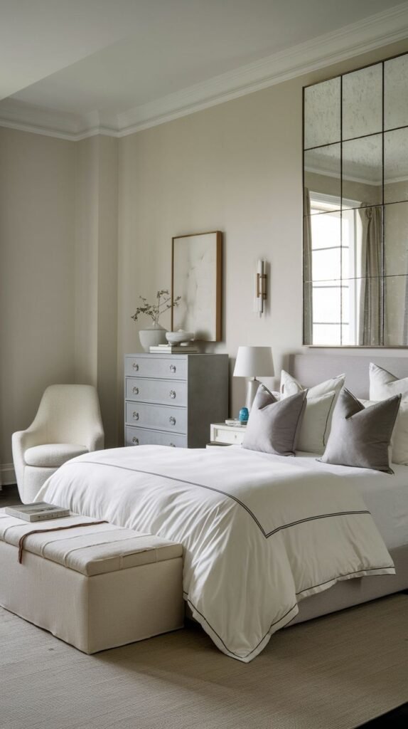 A sophisticated and contemporary bedroom, ideal for redecorating, featuring a large mirrored wall panel, a sleek gray dresser, and a practical upholstered storage bench at the foot of the bed.