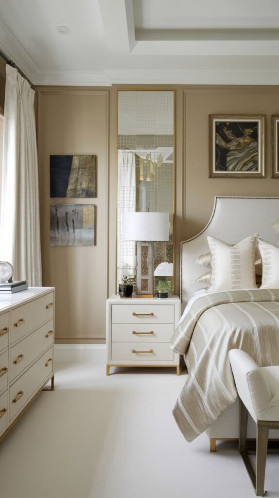 A sophisticated and inviting bedroom, perfect for redecorating, with warm beige paneled walls, a white upholstered headboard, and elegant framed artwork.