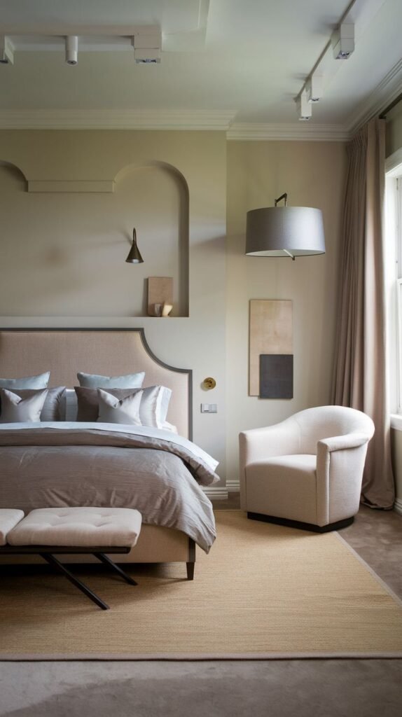 A sophisticated and elegant bedroom with a beige upholstered headboard, a matching bench at the foot of the bed, and built-in wall niches, providing excellent redecorating ideas for a refined space.