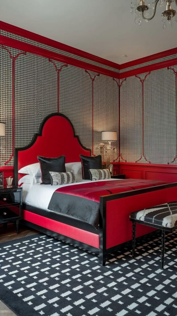 A sophisticated and dramatic bedroom, inspiring redecorating with its bold red bed frame, black and white checked wallpaper, and red paneled walls, accented by a black and white patterned rug.
