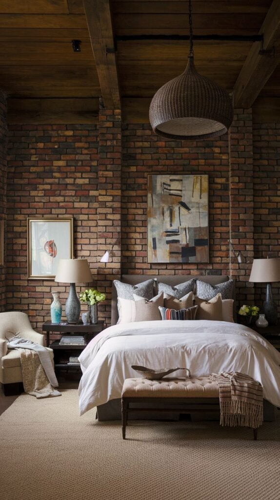 A sophisticated bedroom with a rustic charm, perfect for redecorating, featuring exposed brick walls, dark wooden ceiling beams, and a blend of natural textures in the bedding and decor.