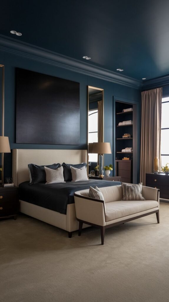 A sophisticated and elegant bedroom in a deep navy blue, offering redecorating inspiration with its large, light-colored upholstered bed, a long matching bench, and mirrored accents.