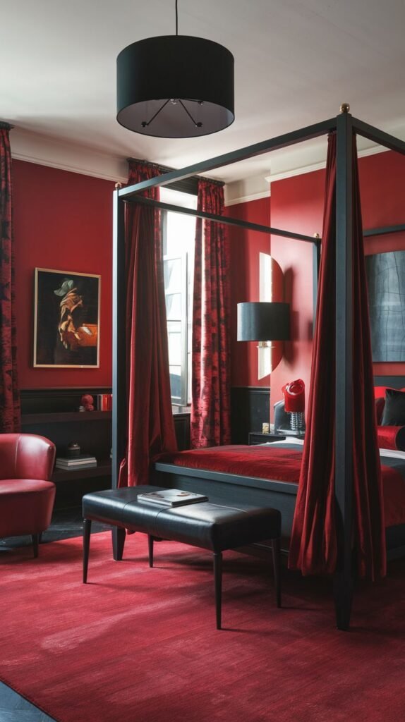 A sophisticated and opulent red bedroom, providing bold redecorating ideas, featuring a dark four-poster bed with rich red velvet drapes, a red armchair, and a vibrant red rug.