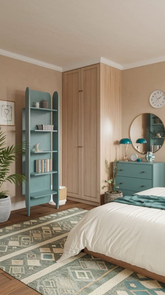 A Timeless and Retro bedroom featuring a light wood wardrobe, a striking teal ladder bookshelf, and a teal dresser with a round mirror, complemented by a patterned rug in coordinating colors. The walls are a warm beige, and a large plant adds greenery.