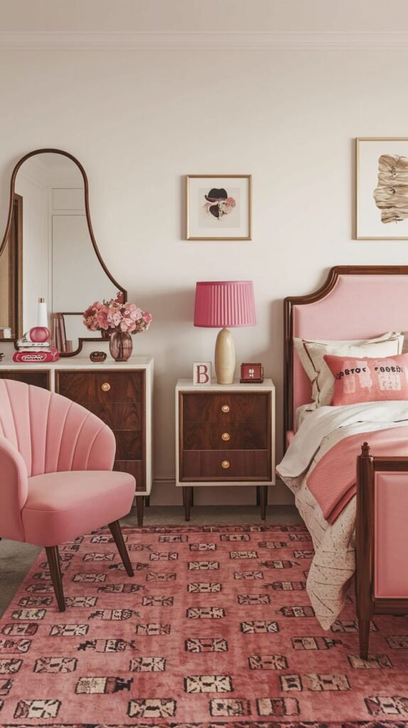 A playfully Timeless and Retro bedroom dominated by pink tones, featuring a pink upholstered bed, a fluted pink armchair, dark wood nightstands with white tops, and a gracefully curved mirror. A pink patterned rug ties the room together.