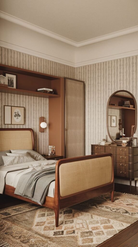 A Timeless and Retro bedroom with patterned beige wallpaper, a wooden bed featuring upholstered woven panels, a built-in shelf unit, and a large dark wood dresser with an oval mirror. A patterned rug complements the floor.